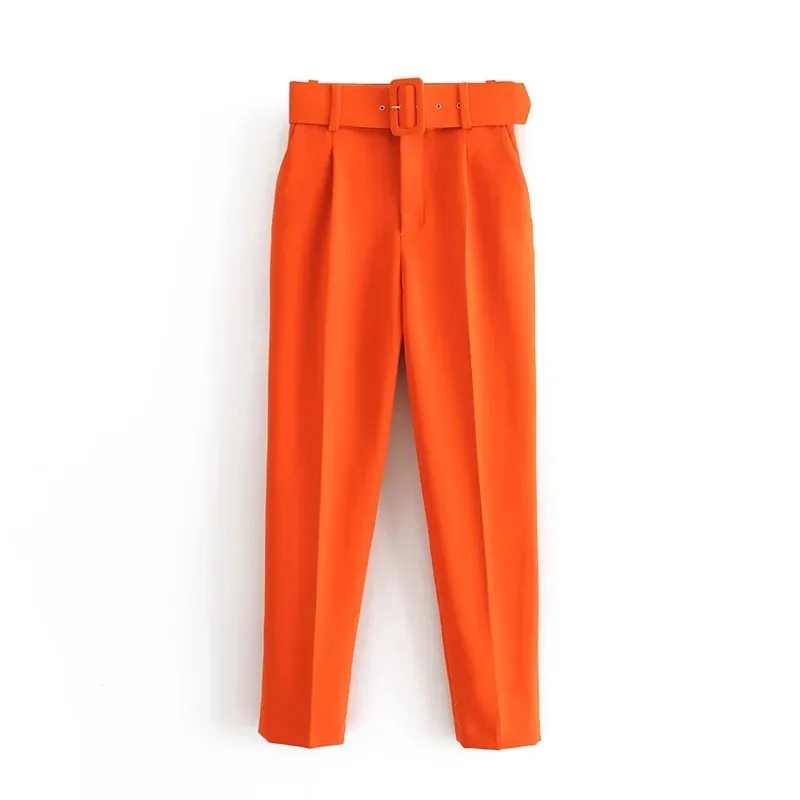 Elegante Büro Orange Lila Hosen Frauen Schärpen Hohe Taille Bleistift Streetwear Cargo Casual Damen Hosen 210521