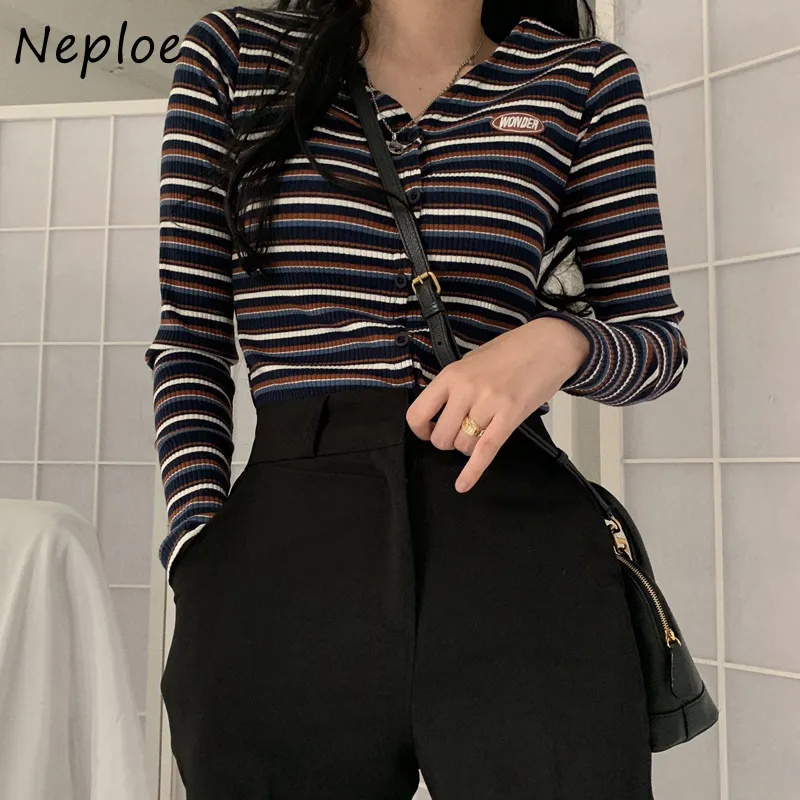 NEPLOE VINTGAE Paski wzór Hit Kolor dzianina sweter Cardigans Kobiety V Neck Długi Rękaw Single Pierś Pull Femme Spring Sueter 210510