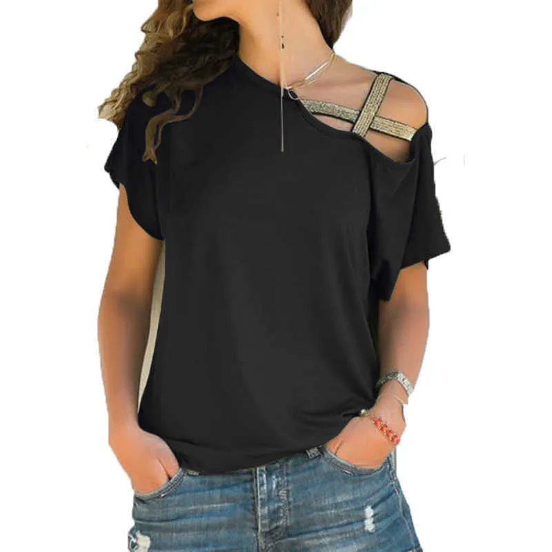 Women Skew Neck T-Shirt Summer Irregular Criss Cross Short Sleeves Sexy Off Shoulder Solid Tops Blusa Femme One Shoulder Shirt X0628