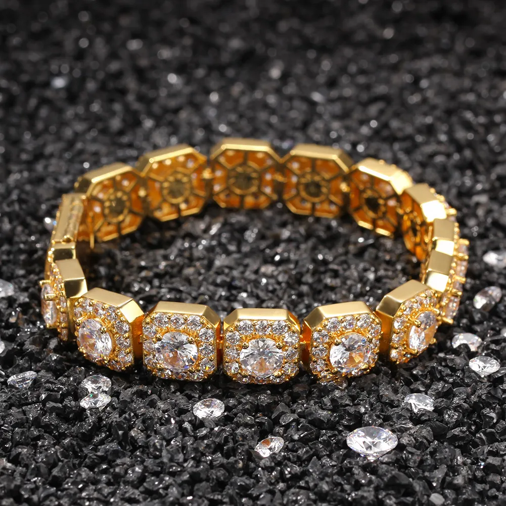 13MM Square Iced Out Dianond Tennis Bracelets Chain Cubic Zirconia Designer Diamond 14K Gold Bracelet Mens Jewelry307O