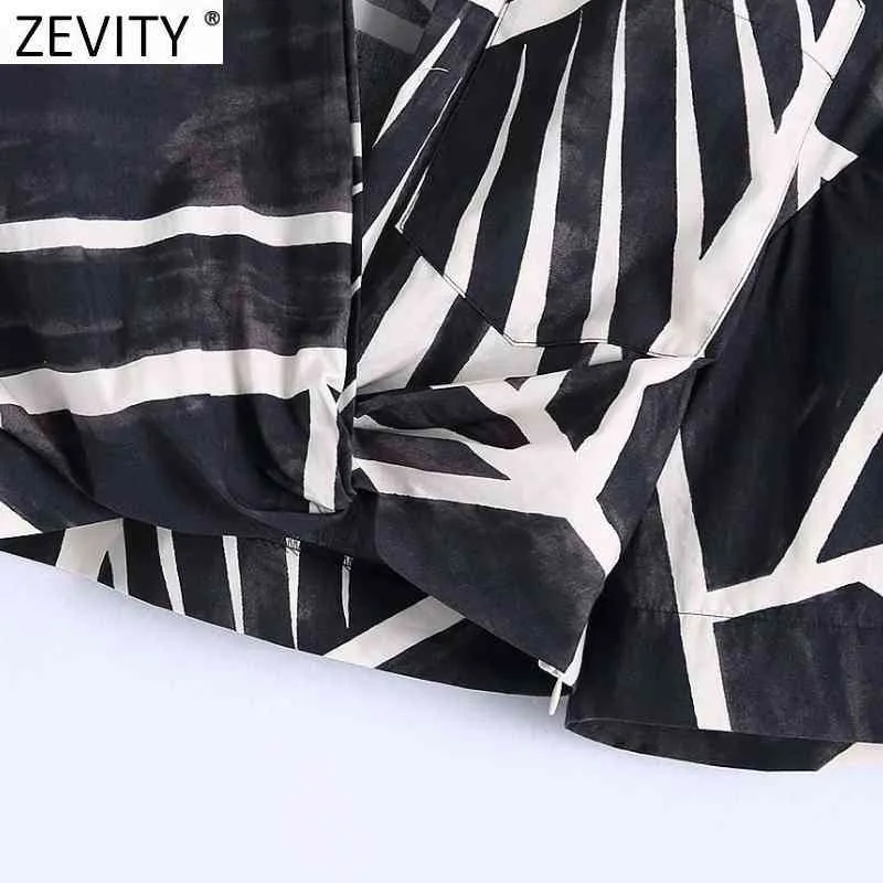 Women Vintage Black White Tie Dyed Printing Hem Knot Short Smock Blouse Female Kimono Shirts Chic Crop Blusas Tops LS9239 210420