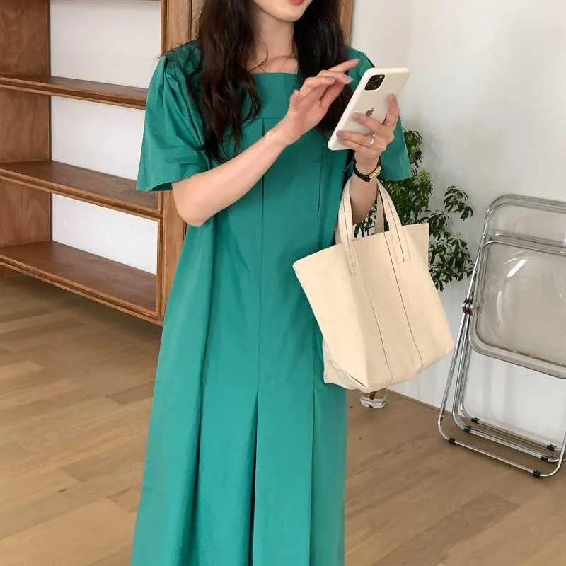 Retro Chic Femme Square Collar Summer All Match OL Casual Loose Solid Gentle Vintage Long Dresses Vestidos 210525