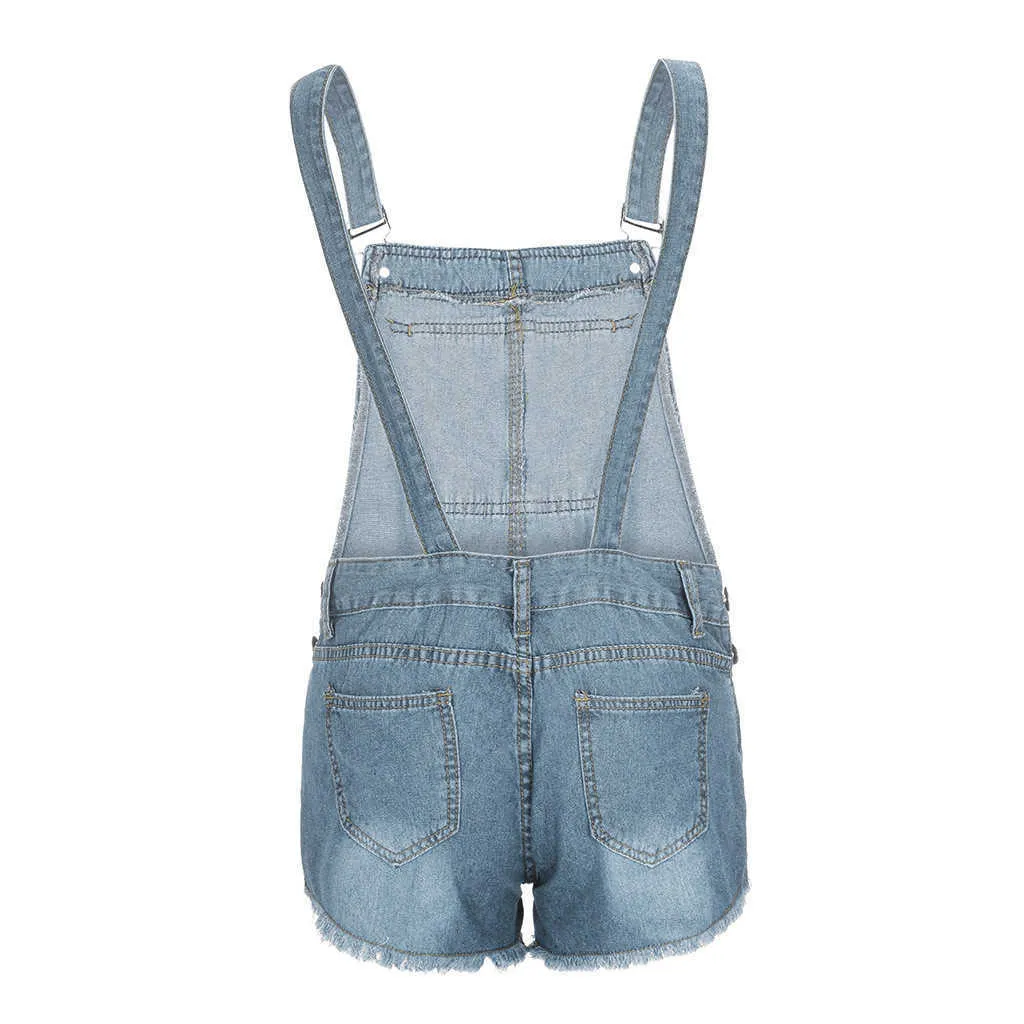 Kort denim Overaller Kvinnor Hål Kort Jumpsuit Hög midja Casual Jeans Playsuit Tvättade Salopette Straps Sommar Jeans Romper 210616