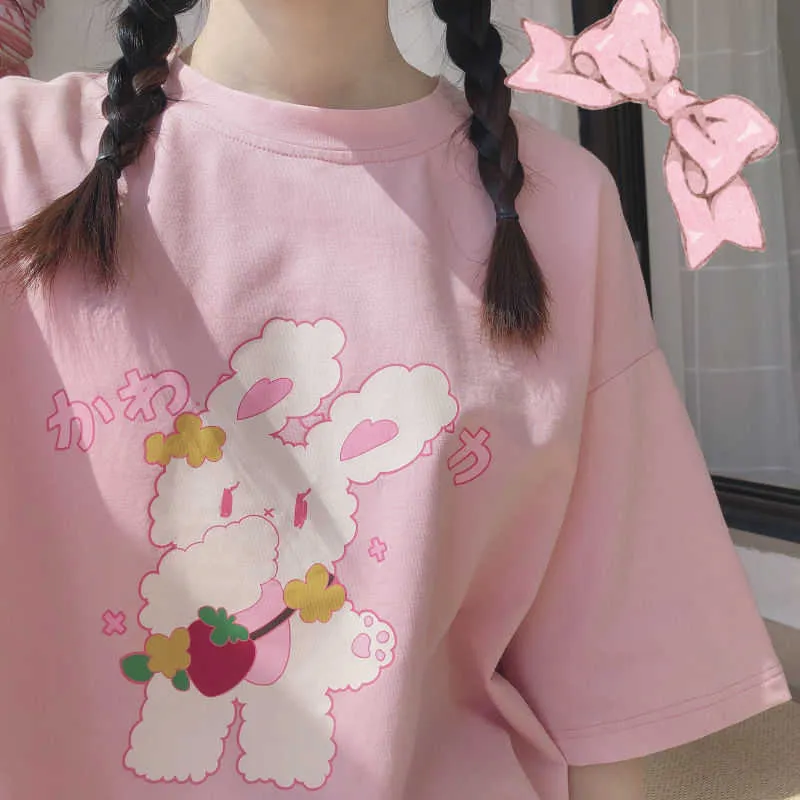 QWEEK Kawaii camiseta mujer primavera moda lindo estampado camisa de gran tamaño Casual manga corta Rosa gráfico camisas 210623