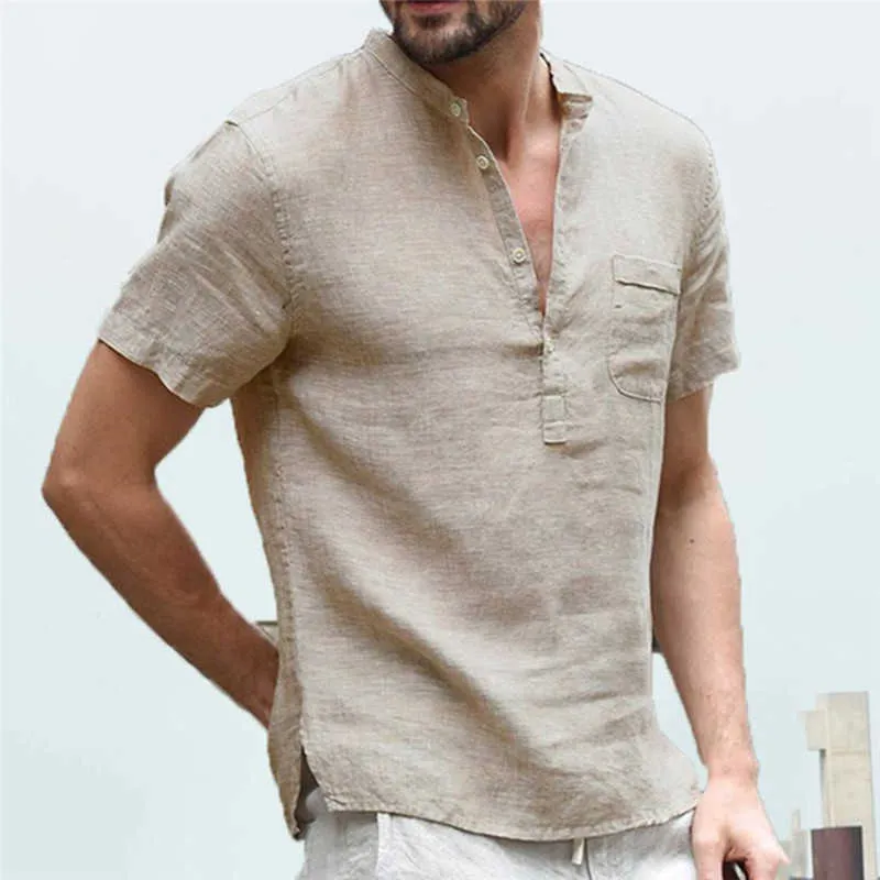 T-shirt da uomo estiva in lino e lino T-shirt casual con scollo a V e bottoni T-shirt slim fit in cotone a maniche corte 210716