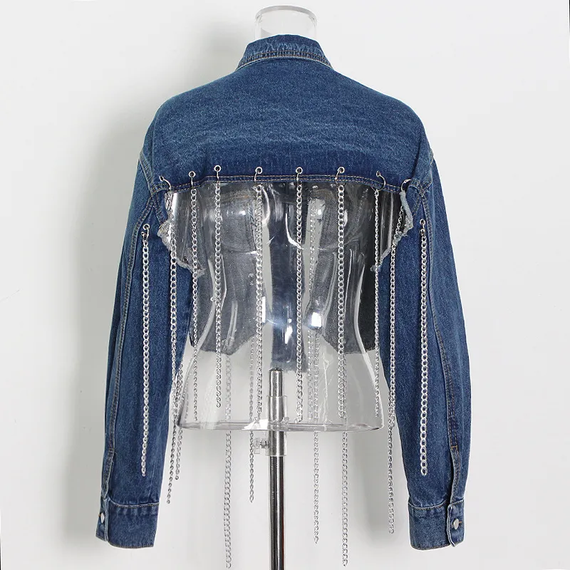 Catene Tassel Patchwork Design Giacca di jeans High Street Colletto rovesciato Manica lunga Cappotto donna Fashion Chic Crop Top 210519