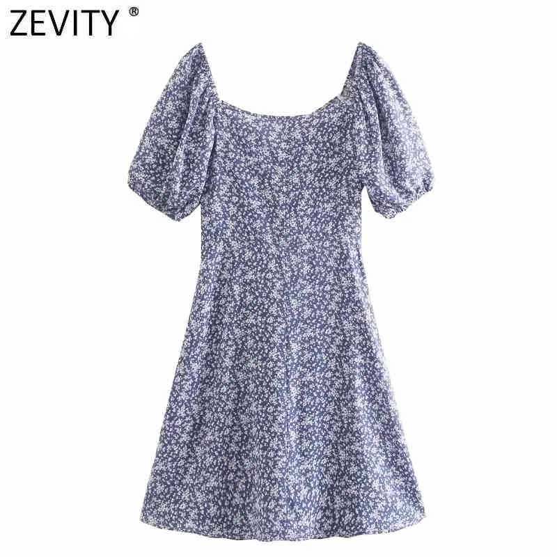 Zevity Women Vintage Pleated Lace Up V Neck Blommig Print Slim Mini Klänning Kvinna Puff Sleeve Casual Vestidos Chic Dresses DS8126 210419