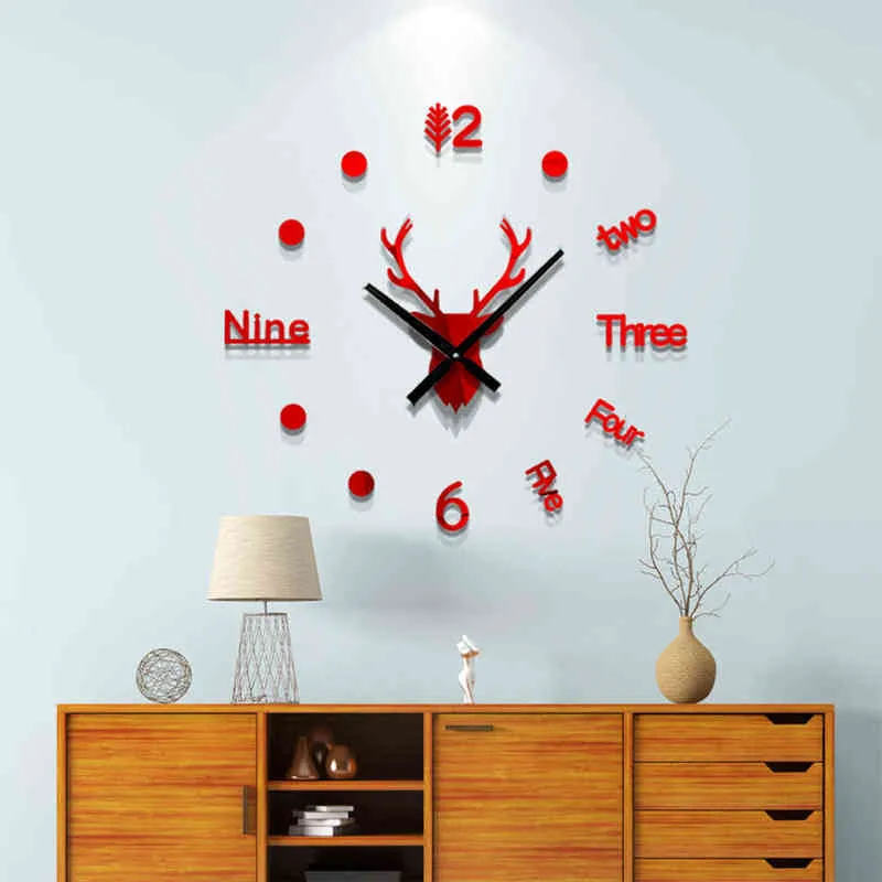 3d muur klok spiegel muurstickers herten hoofd creatieve diy grote muur klok quartz horloge art decal sticker woonkamer home decor H1230