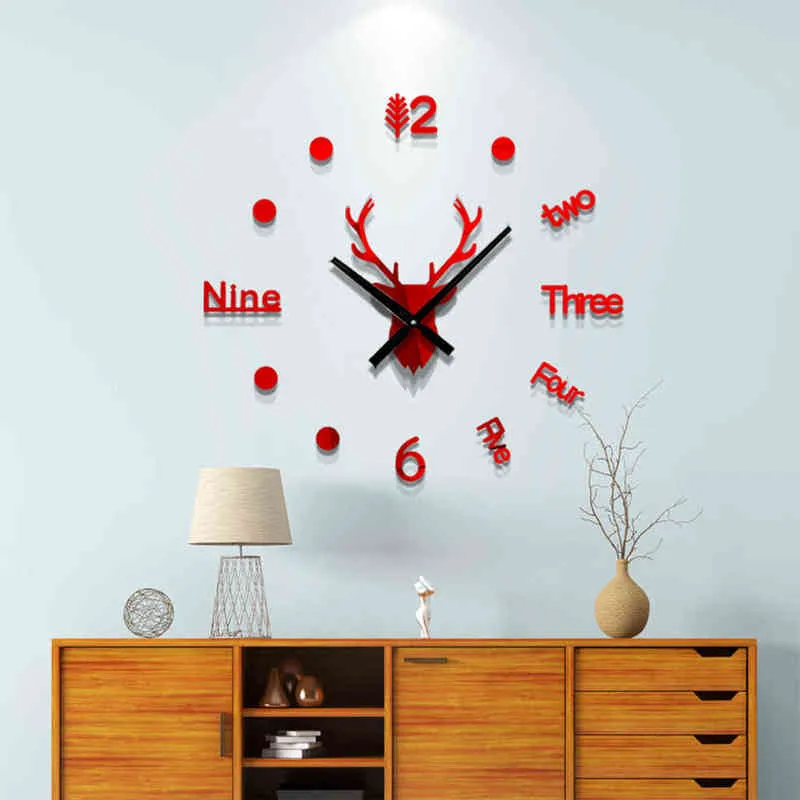 3D Wandklok Spiegel Muurstickers Hertenkop Creatieve DIY Grote Wandklok Quartz Horloge Art Decal Sticker Woonkamer Home Decor H7492823
