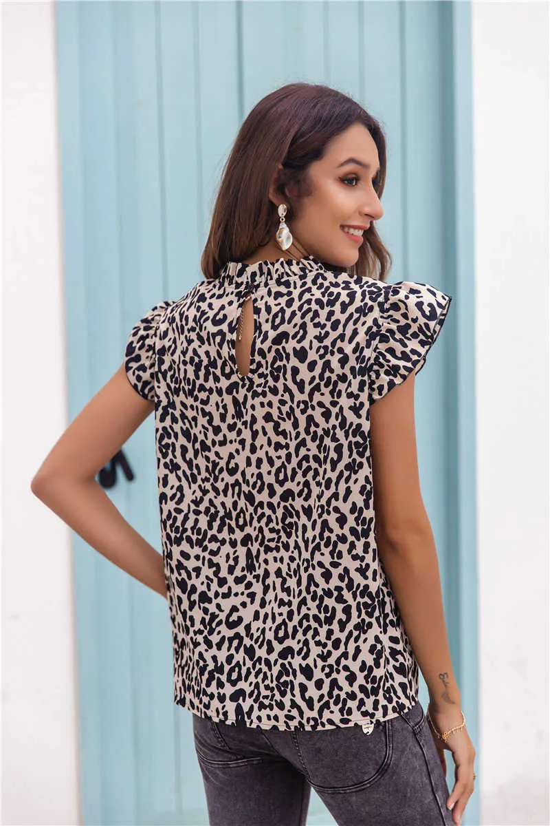 Leopard Print Летняя сексуальная женская футболка без рукавов оборками вскользь футболка Femme Женская одежда Y0433A 210720