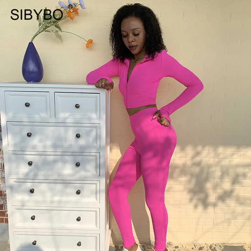 Sibybo Lucky Label Sportlicher Trainingsanzug Frauen Zweiteiler Langarm Top Leggings Hosenanzug Weiblich Gerippt Casual Passende Sets Y0625