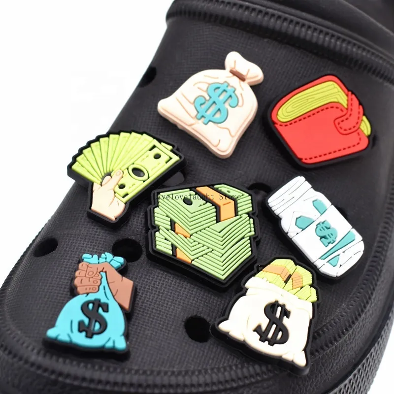 Großhandel Geld Dollar Weichgummi PVC Croc Schuh Charms für Clog Croc Armband Dekoration Schuh Zubehör Teil Geschenk