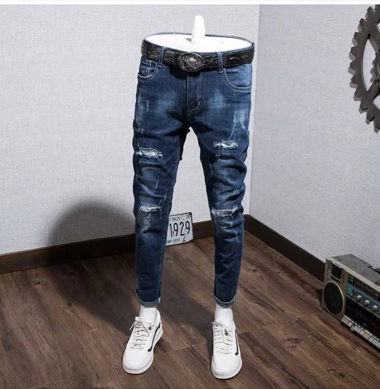 Mannen nieuwe skinny jeans maat 28 36 biker vernietigde gescheurde denim hiphop jeans broek voor mannelijke broek x0621