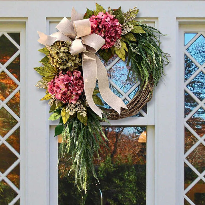 農家ピンクのアジサイの花輪の素朴な家の装飾玄関の壁の装飾用人工花輪Q08129350673