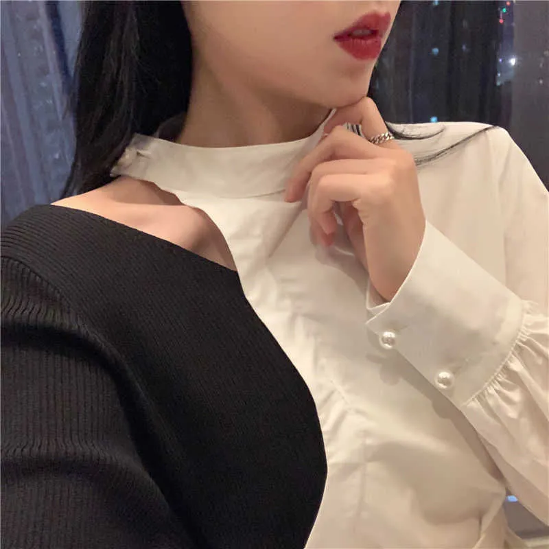 Printemps coréen Stand cou femmes Blouses Hit couleur Patchwork Tops Bow Bandage taille mince Blusas chemise 6F858 210603