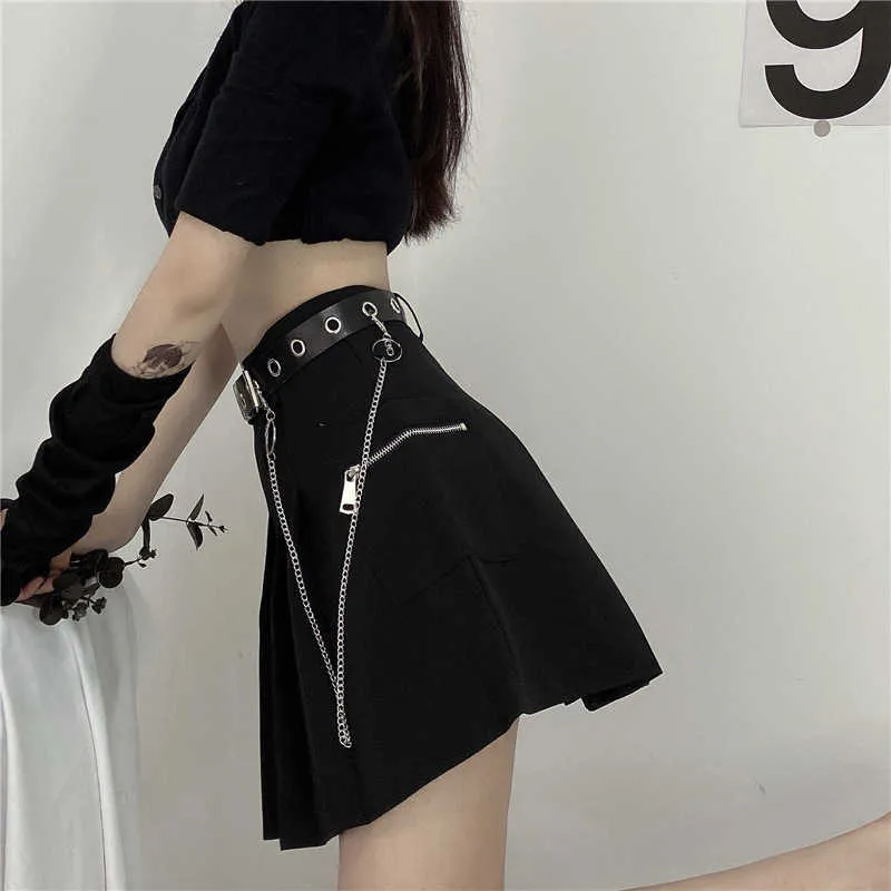 Women Skirts Gothic Short A-Line High-Waist Sexy Chain Korean Fashion Summer Female Student Black Mini Pleated-Skirt 210621