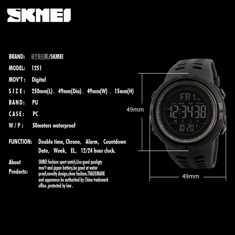 Skmei Brand Men Sports Watches Fashion Chronos Countdown Men's Waterproof Led Digital Watch Man Military Clock Relogio Mascul309o