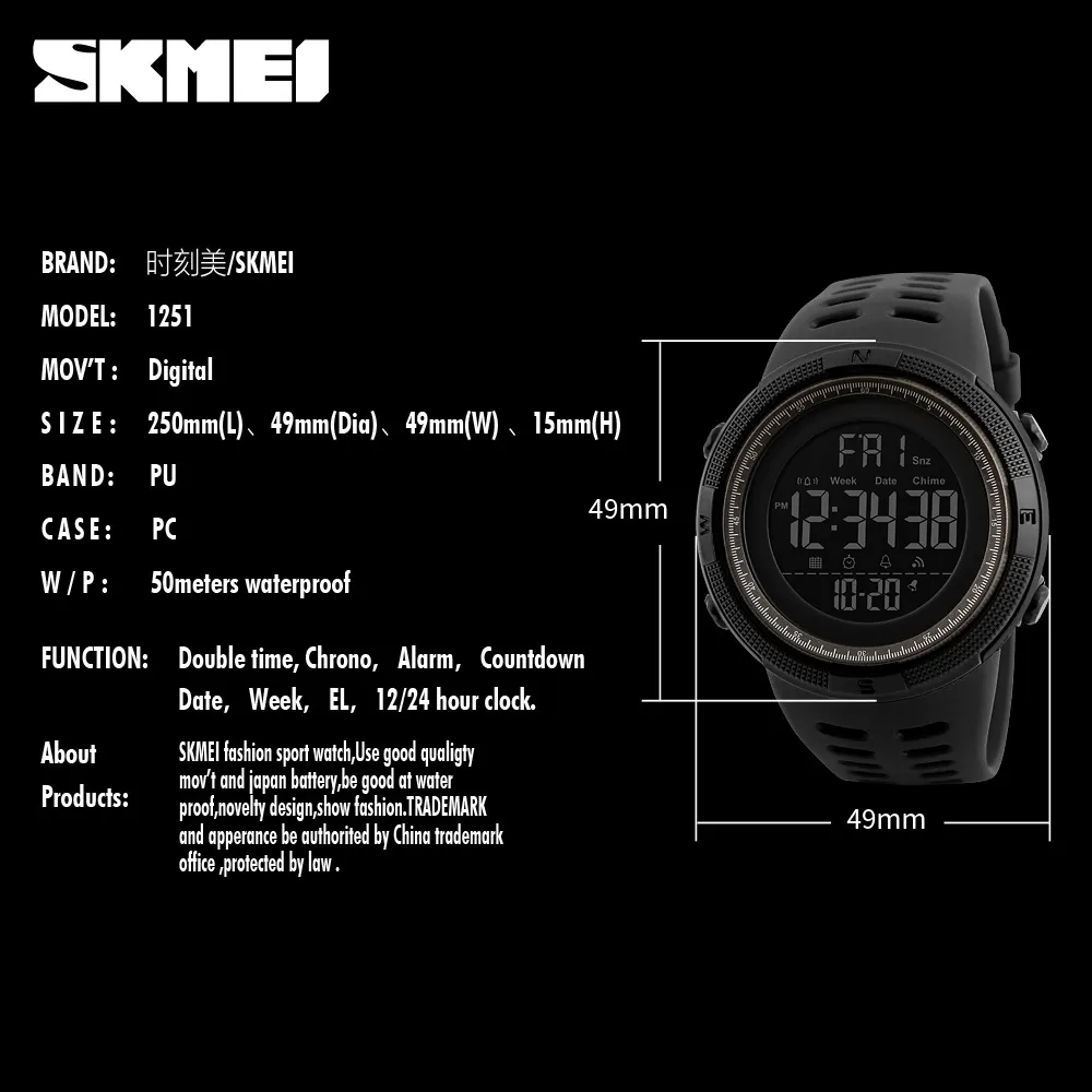 Skmei marka męskie zegarki sportowe moda chronos odliczanie Wodoodporna Męska LED Digital Watch Man Man Military Clock Relogio Mascul251e