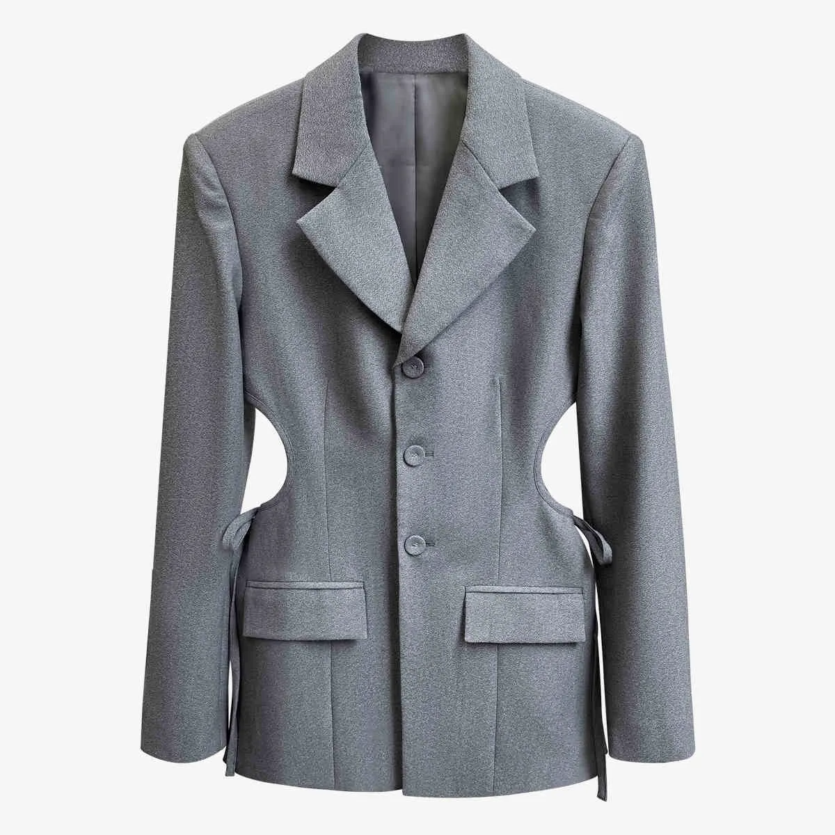 Automne Col cranté manches longues couleur grise évider taille blazer et pantalon de longueur élastique ensemble WN670 210421