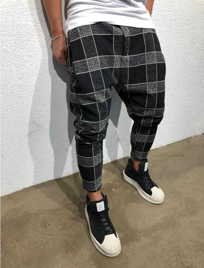 2021 Autum Mens Pantaloni da jogging Pantaloni Hip Hop Casual Matita Pantaloni Pantaloni sportivi Pantaloni Streetwear Plaid Nero Harem Pant Uomo Abbigliamento sportivo X0723