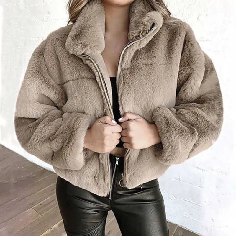 Autunno Inverno Fluffy Solid Warm Soft Giacche Casual Manica lunga Moda donna Capispalla Faux Fur Zipper Cardigan Cappotto peluche 211014