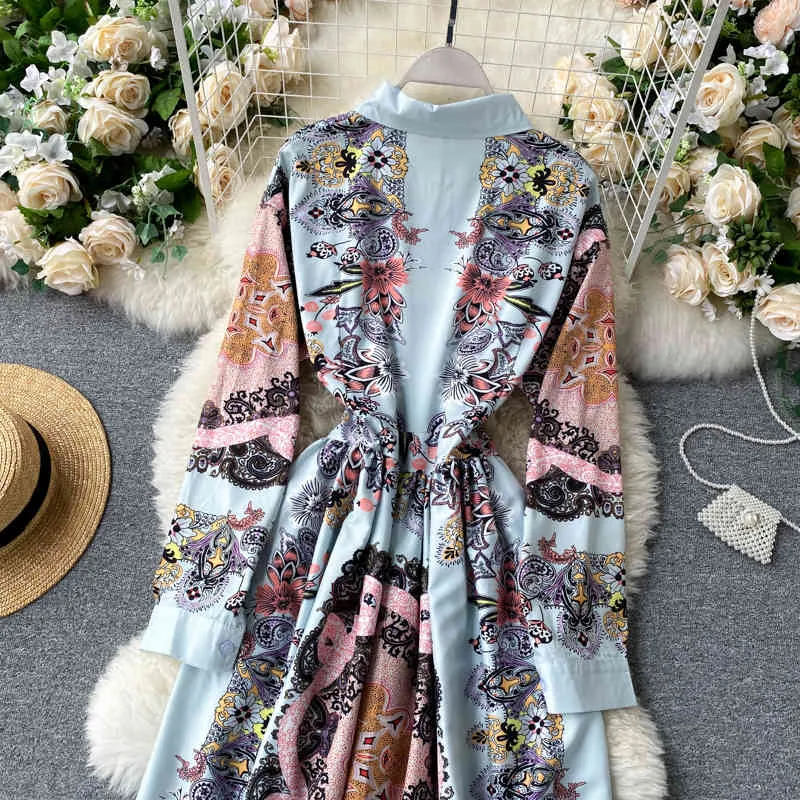 Femmes Bohemian Print Robe Automne Turn-Down Collier Puff Manches Une ligne Maxi Robe Casual Robe de vacances Palace Style 210419