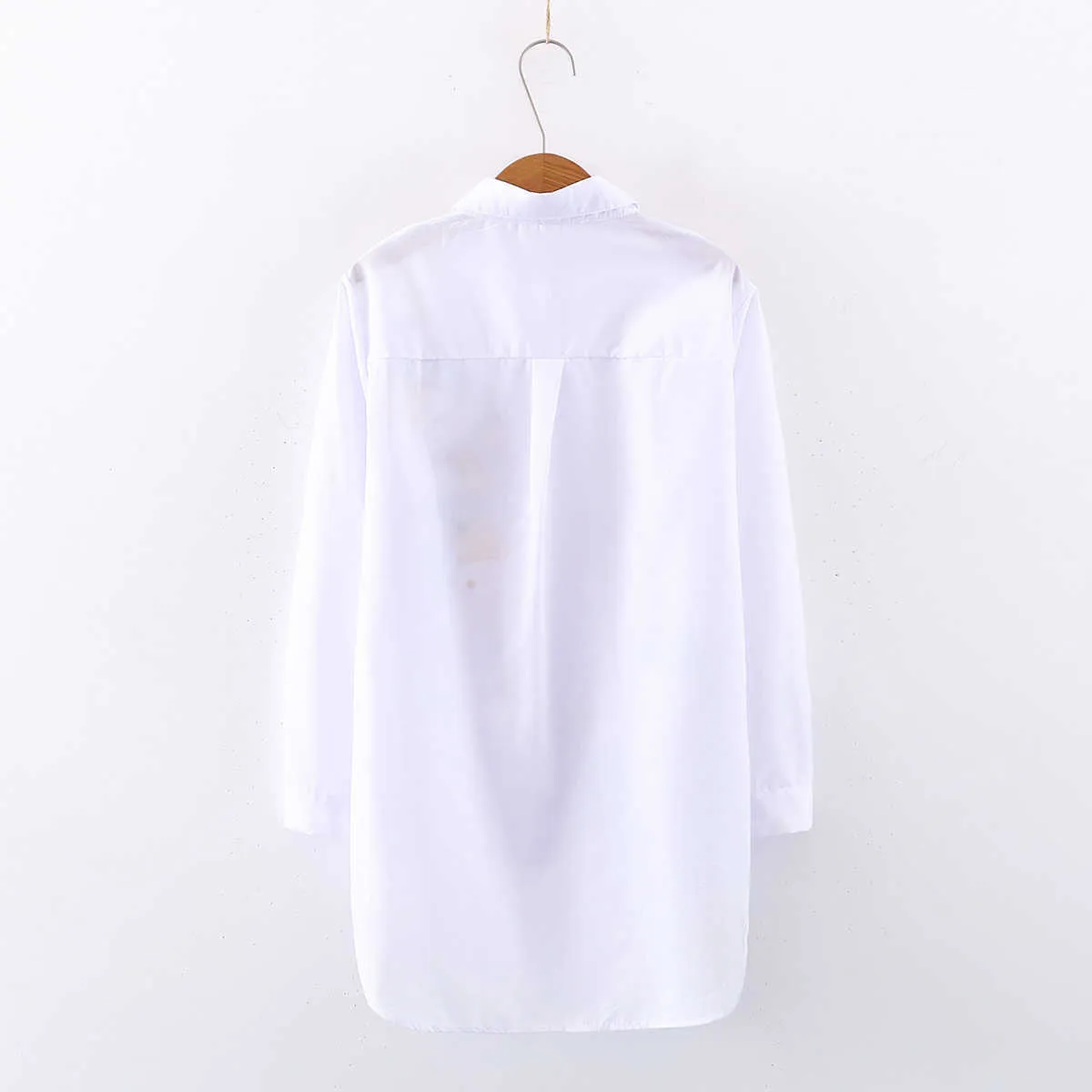 Women Embroidery Long Sleeve White Shirt Button Up Turn Down Collar Cute Cartoon Blouse Long Tops Feminina Blusas T9D62 210721