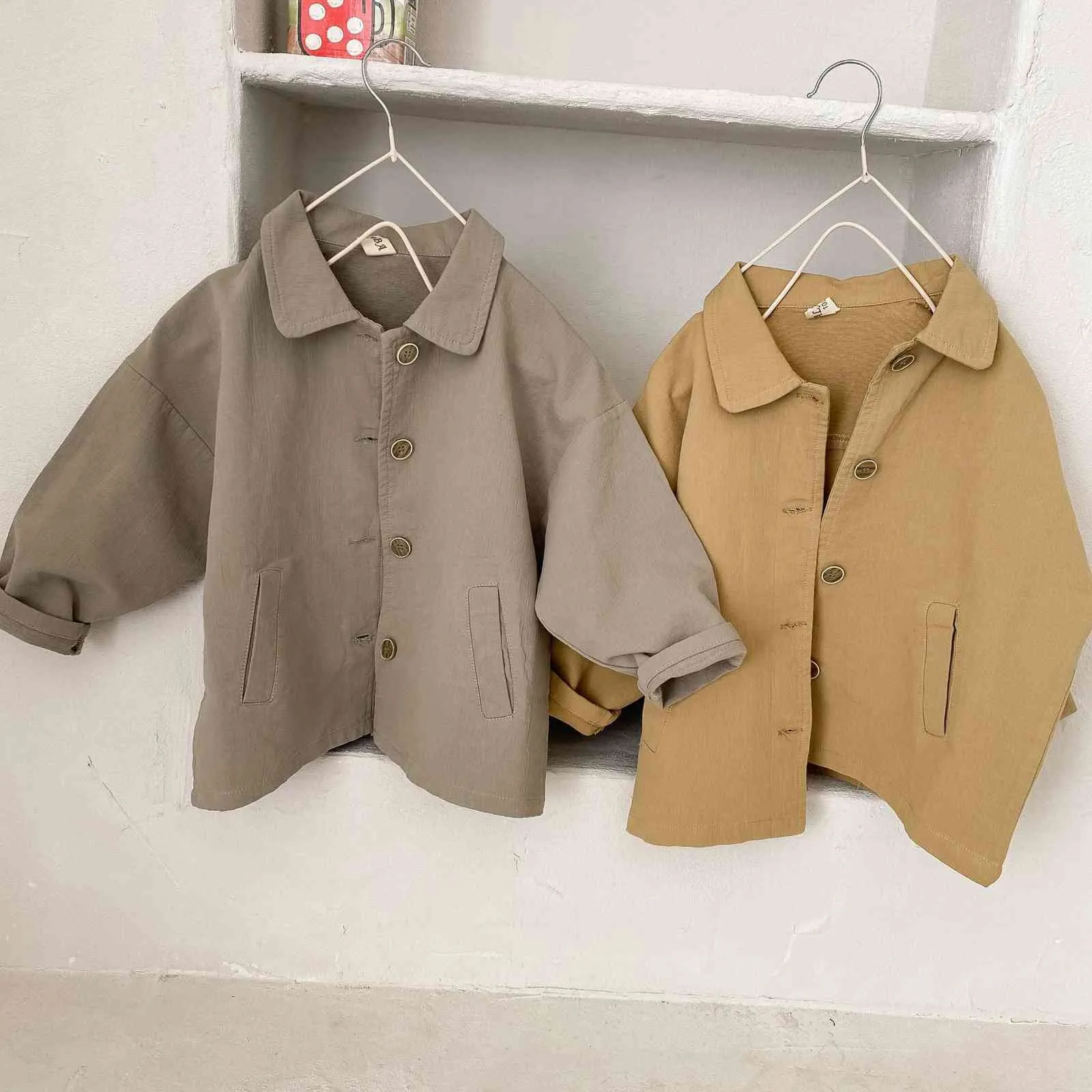 Printemps enfants décontracté col rabattu vestes de couleur unie style japonais simple manteaux en coton unisexe 210508