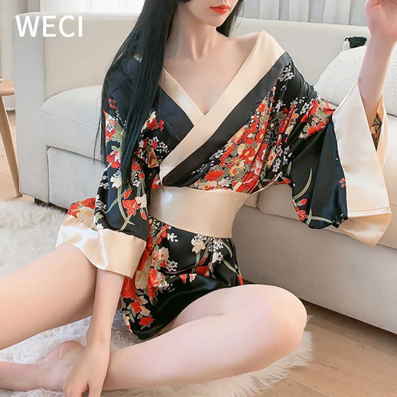 WECI Kimono da donna Pigiama di seta da notte Pigiama di seta Cosplay Costume femminile giapponese Nero Rosso Lingerie sexy Abito da notte esotico Biancheria intima 210831