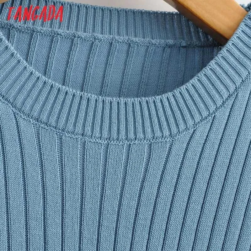 Tangada mode femmes bleu dos nu robe en tricot à manches courtes O cou dames Sexy robe mi-longue AI47 210609