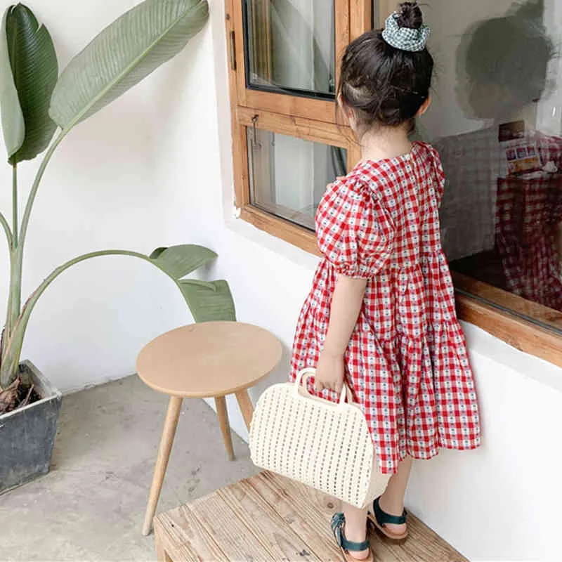Mode Plaid Print Kleid Sommer Kind Kleidung Mädchen Koreanischen Stil Puff Sleeve Süße Prinzessin 210515