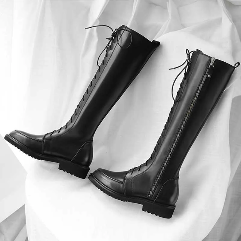 Meotina hiver genou bottes hautes femmes naturel en cuir véritable bloc talons bottes longues fermeture éclair bout rond chaussures dames automne taille 42 210608