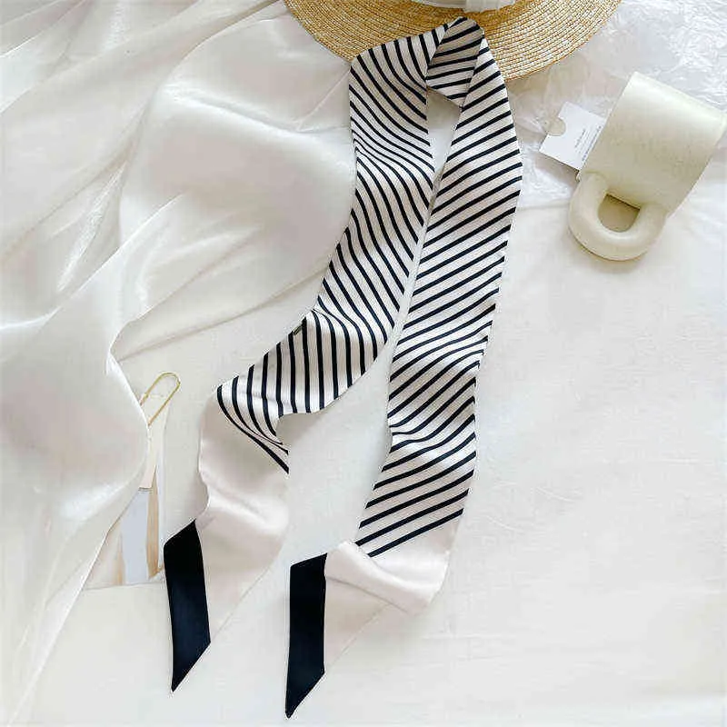 LunaDolphin Französischer Twill-Seidenschal, dünn, 95 x 5 cm, Chiffon, schwarz, weiß, gestreift, bedruckt, Stirnband, Taschenband, Halstuch, Handgelenk, Handtuch, Y1108