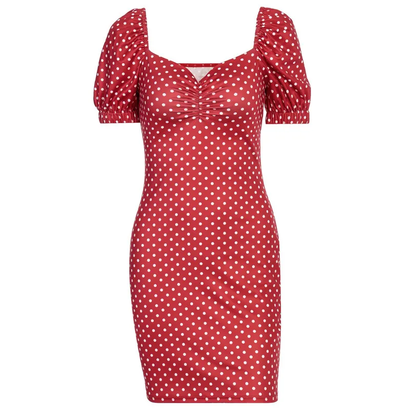 Lofia Black Red Polka Dot Dress Women Sexy Casual Puff Sleeves Dress Summer Woman 2020 V Neck Vintage Dresses Retro Wrap Beach X0521