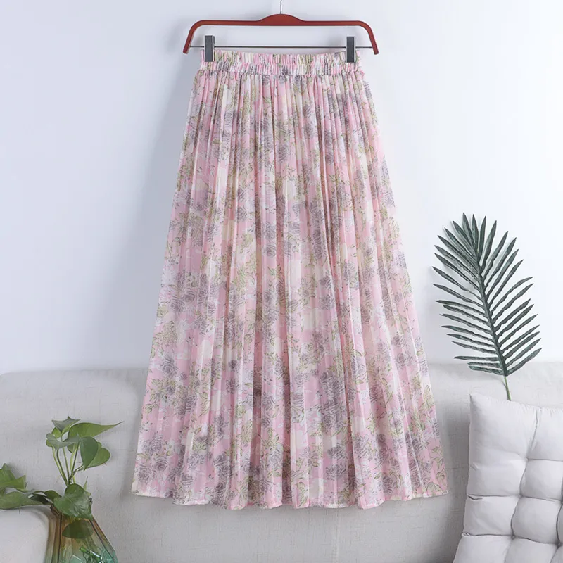 Summer Vintage Floral Print Pleated Women's Long Skirt Chiffon High Waist Loose Female Umbrella A-Line Skirts 210428