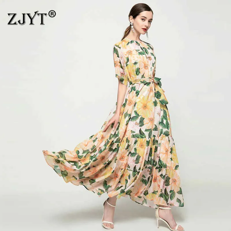 Europe Style Fashion Summer Runway Short Sleeve Floral Print Bohemian Long Chiffon Dress Women Elegant Maxi Party Robe 210601
