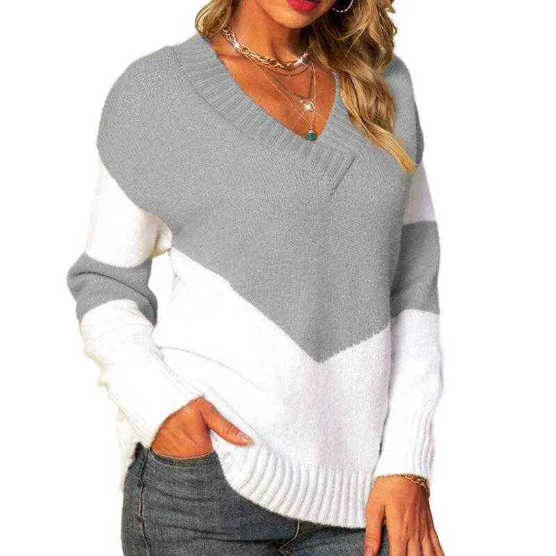Fashion Casual Patchwork Lady Sweater Vintage V Neckover Jumpers Drop Shoulder Sleeve Vinter Elegant Stickad Kvinnor Sweater Y1110