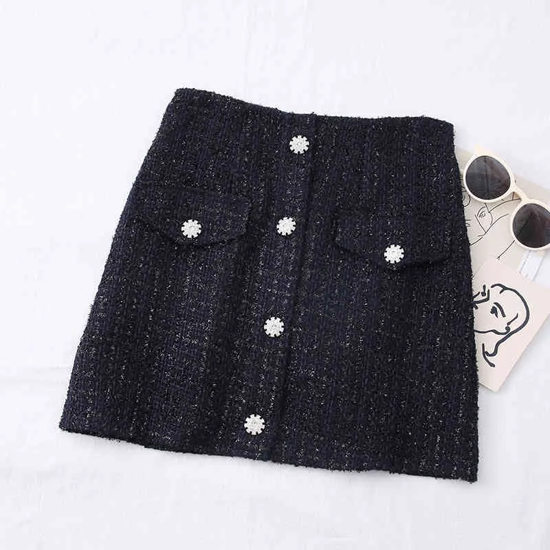 Neploe Tweed High Waist Women Skirts Fashion Bright Silk Skirt Korean Diamonds Single Breasted A-line Faldas Mujer 210423