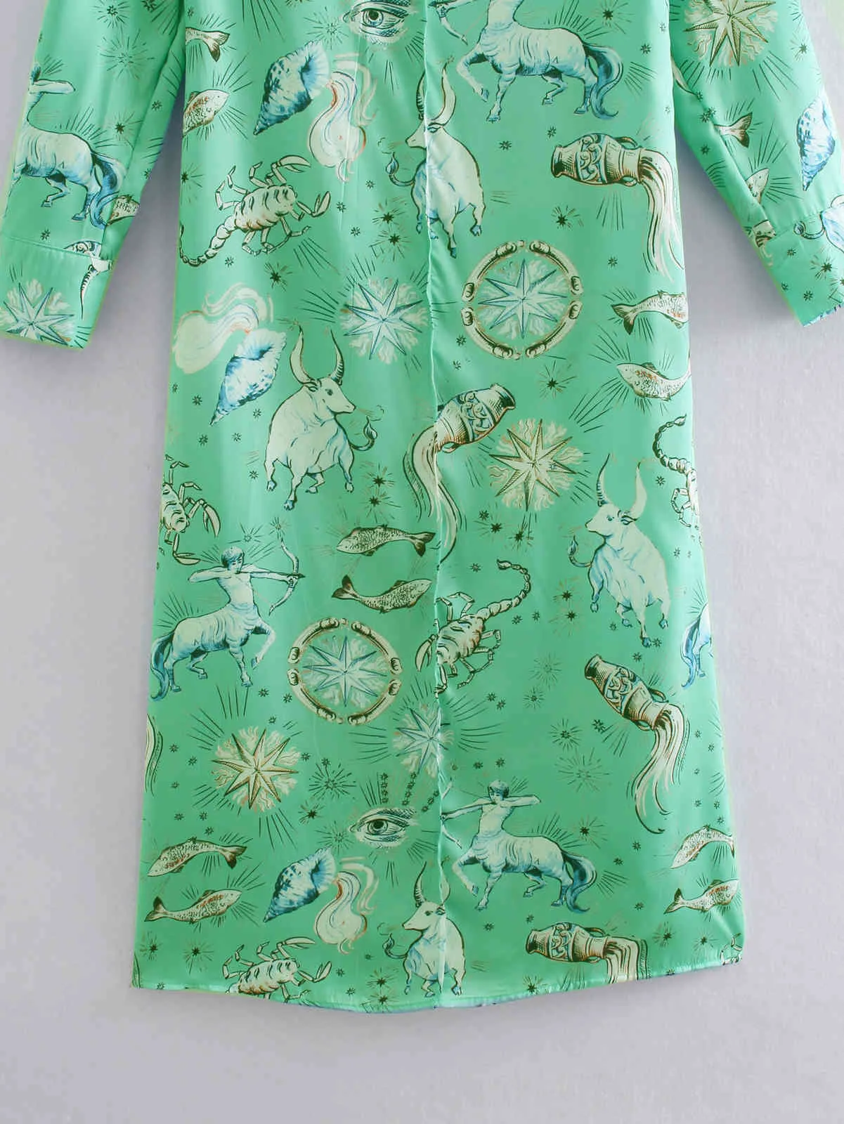 Tempérament femmes un mot col à manches longues impression robe verte Vintage Animal imprimé mi-long Chic femme robe Mujer 210507