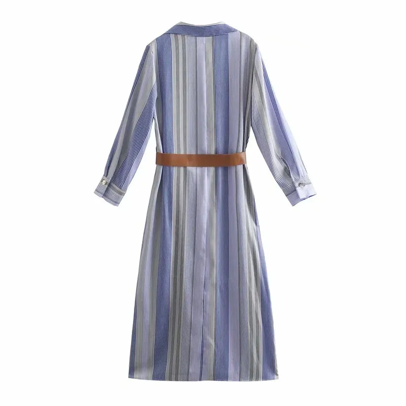 Spring Woman Dress Blue Striped Shirt Women Long Sleeve Fashion Belt es Ladies Casual es 210519