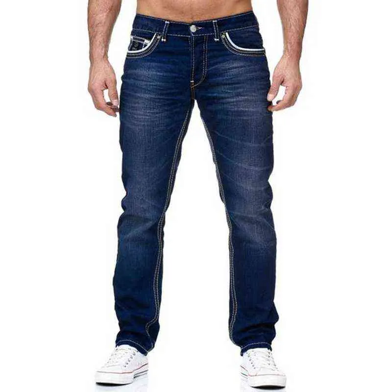 Homens Jeans Bolsos Sólidos Estendido Calças Retas Denim Smart Calças Casuais Diário Streetwear Roupas Masculinas 211111