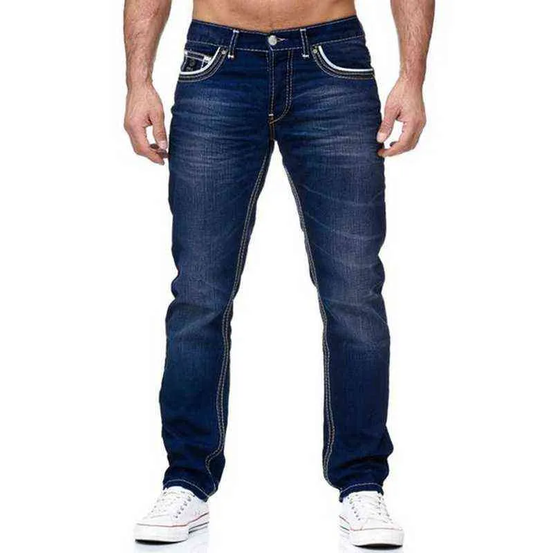 Mannen Jeans Solid Pockets Stretch Straight Pants Denim Smart Casual Broek Dagelijkse Streetwear Herenkleding 211111