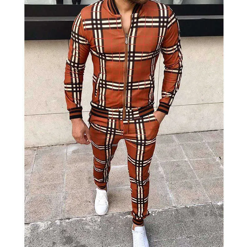 Men's tracksuit spring autumn fashion plaid casual tracksuit set two pieces men's clothing sets Colorful Plaid Zipper Sweatshirt X0610