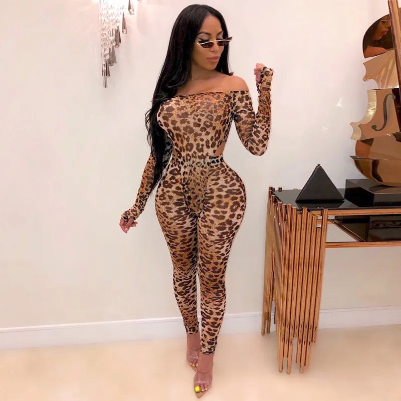 Bodysuit sexy de manga comprida com estampa de leopardo OMSJ + leggings conjunto de 2 peças roupas femininas de clube combinaison Femme Pantalon 210517