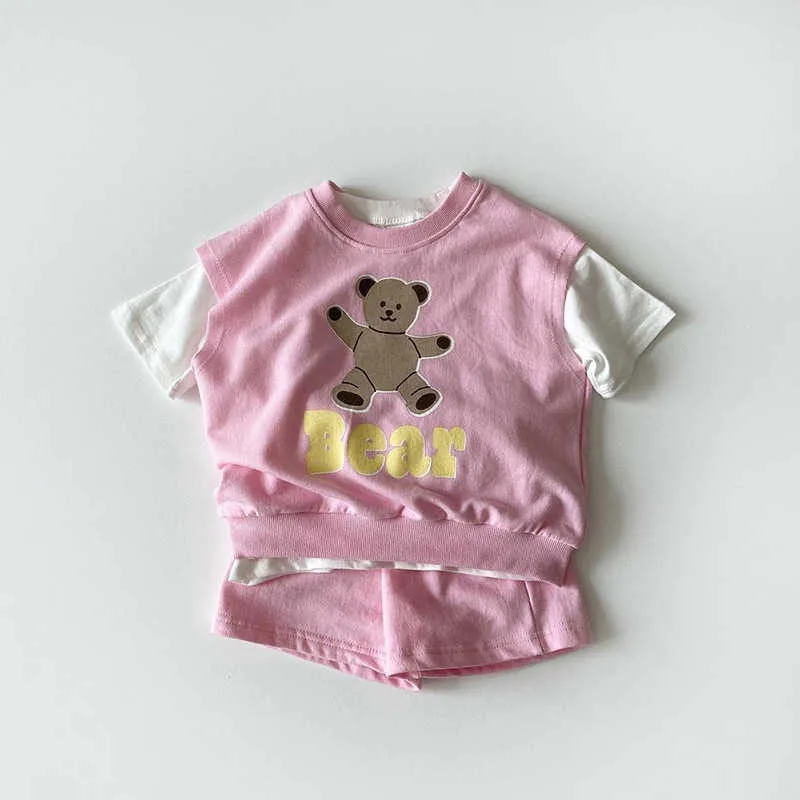 Летняя детская футболка унисекс, короткий комплект из 3 предметов, корейская детская мода, комплекты одежды с милым медведем, жилет для мальчиков и девочек, футболка, шорты, одежда 2108047173490