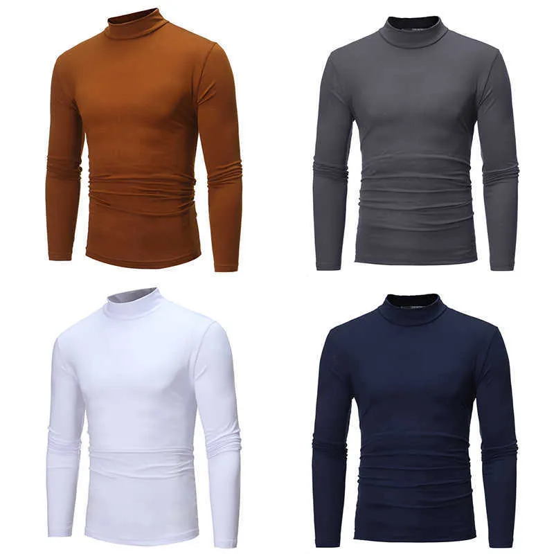Autumn Winter Mens Thin Thermal Tshirt Men's Half Collar Bottoming Slim Warm Cotton High Necked Long Sleeved T-shirt X0621