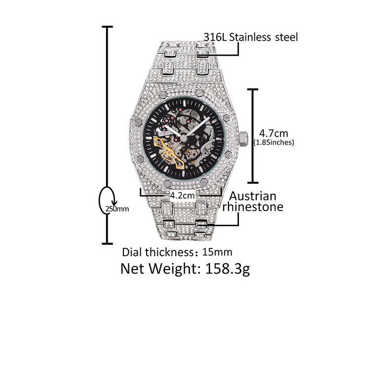 Hoge kwaliteit heuphop punk trend horloge 316L roestvrij staal kas deksel volledige diamanten riem horloges automatisch mechanisch W212K