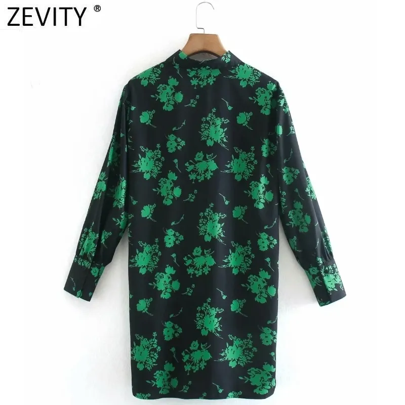 여성 패션 녹색 꽃 프린트 캐주얼 슬림 미니 셔츠 드레스 사무실 레이디 긴 소매 세련된 비즈니스 라인 Vestido DS4753 210420