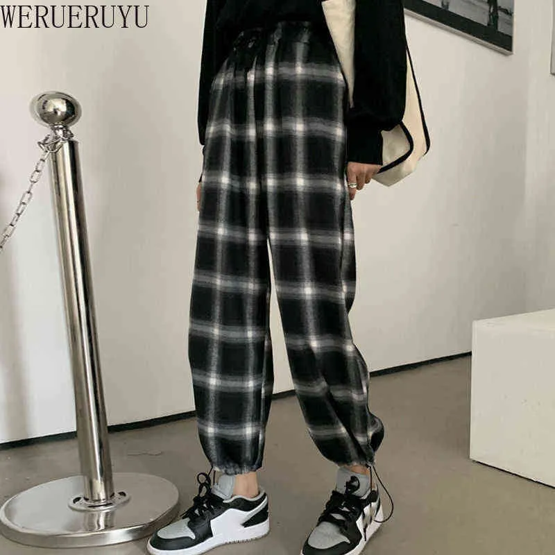 Pantalon à carreaux Casual Femmes Automne Pantalons Vêtements Lâche Cordon Vêtements Mode Noir Blanc Check Harem 211115