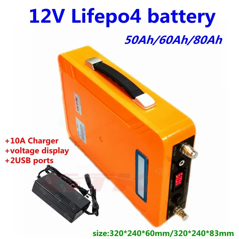 Batteria al litio portatile lifepo4 12V 50Ah 60Ah 80Ah 12V con BMS camper da campeggio RV accumulo solare + caricabatterie 10A